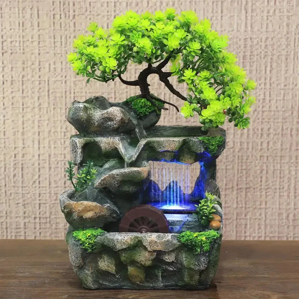 Colorful LED Flowing Water Fountain Desk Resin Rockery Decor for Feng Shui