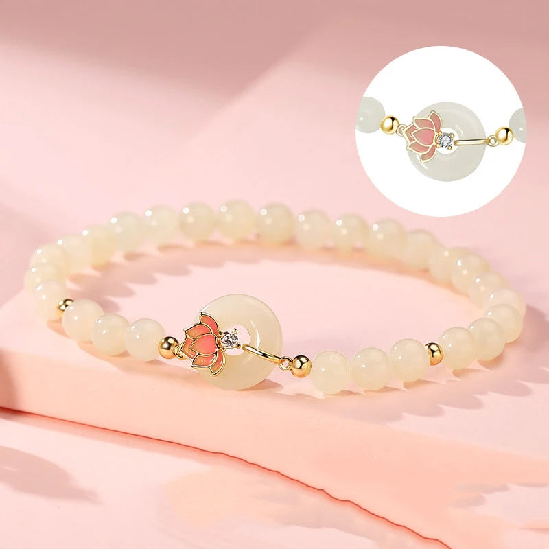 Hotan White Jade Lotus Bracelet|Chinese Style Feng Shui Gift