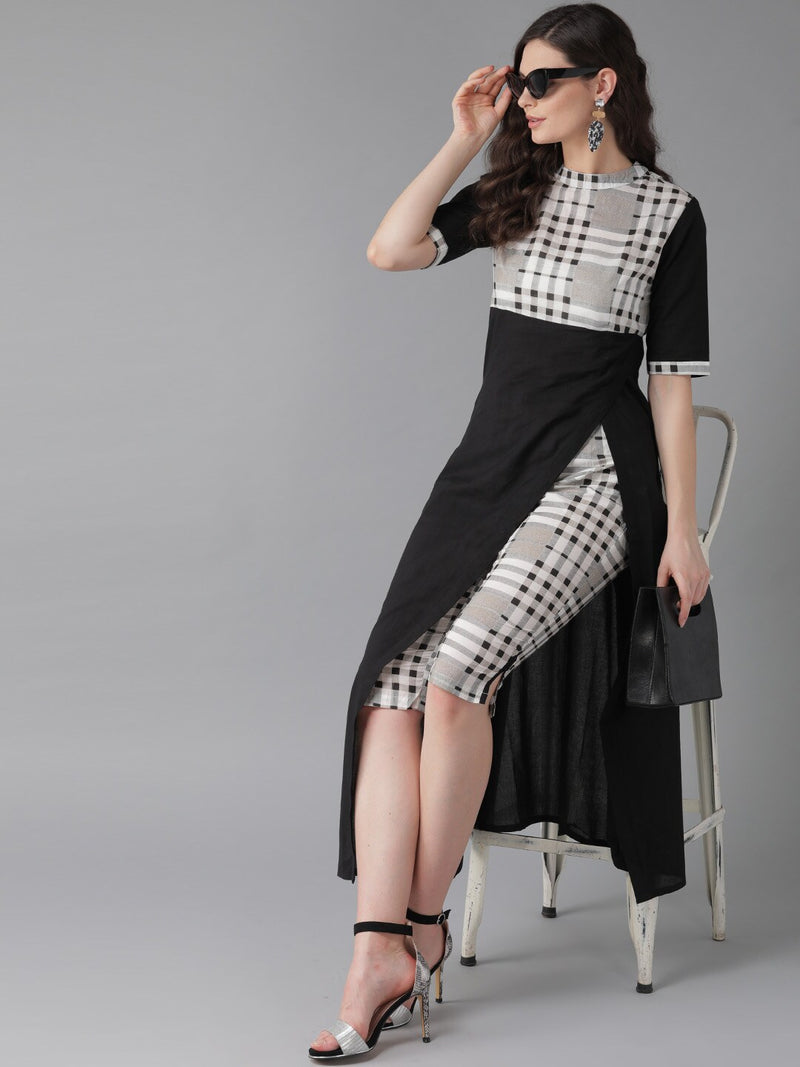 Black and White Checks Cotton Blend Kurti and Capri