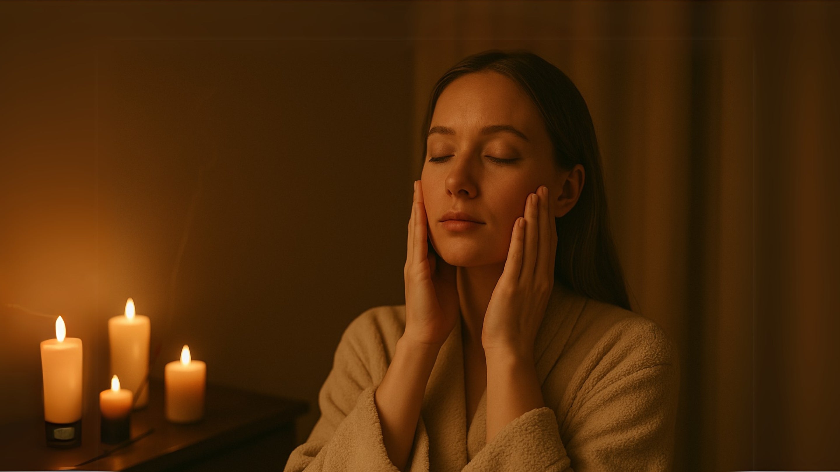 Woman in robe with eyes closed, surrounded by candles.