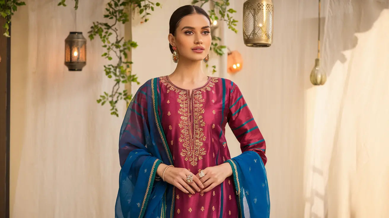 Embroidered Chanderi Suit with Contrast Dupatta