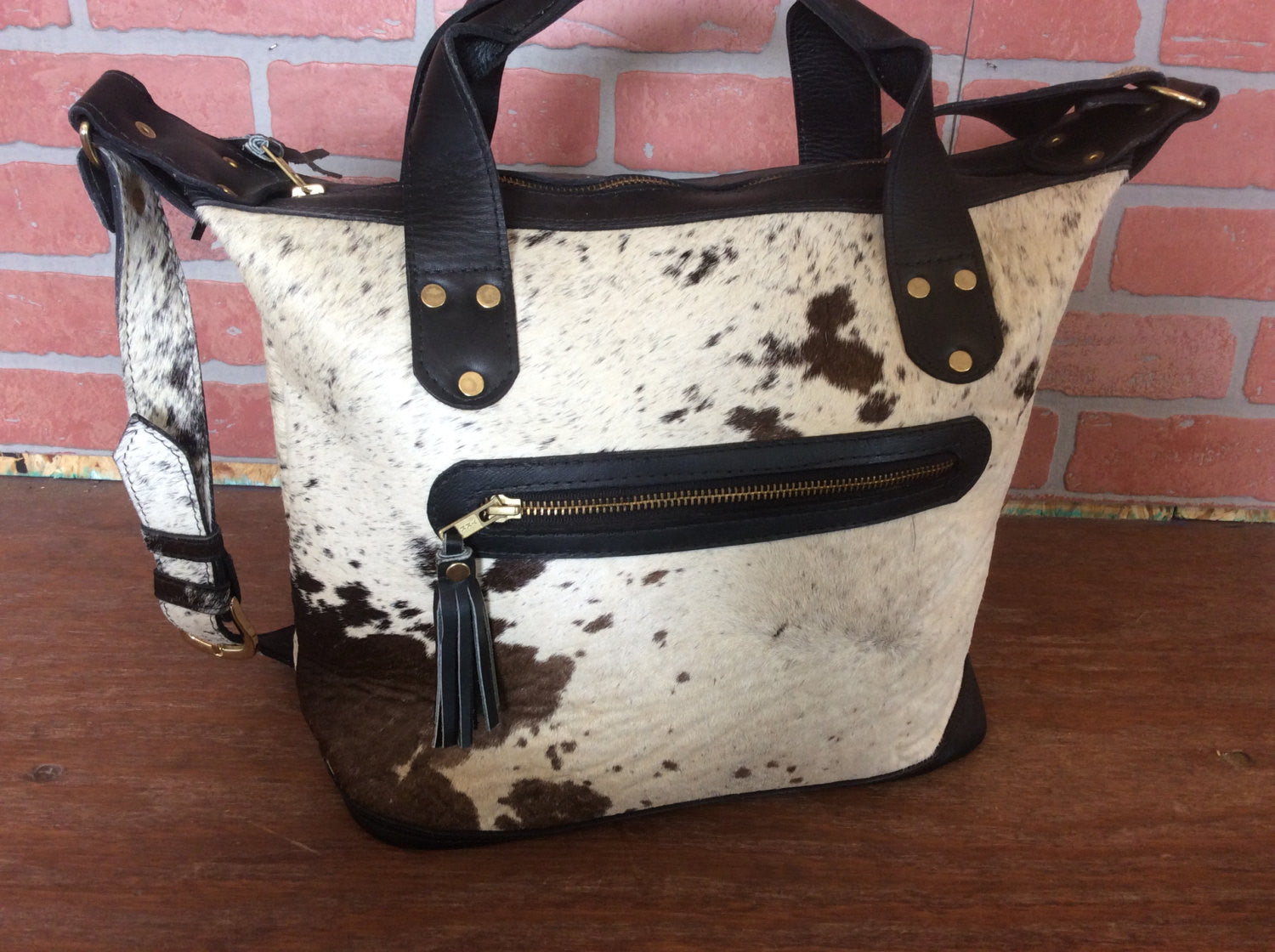 Black And White Hide Handmade Cowhide Leather Tote Bag Purse