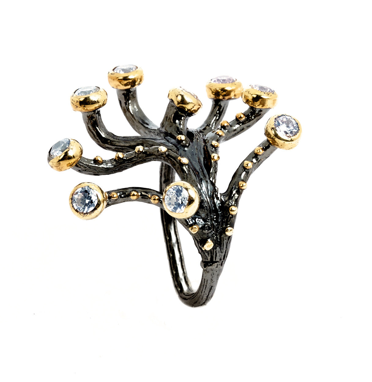 Stunning Sculptural Tree Branch Ring in Oxidated Sterling Silver with 14K Gold Plate CZ Buds Hollywood