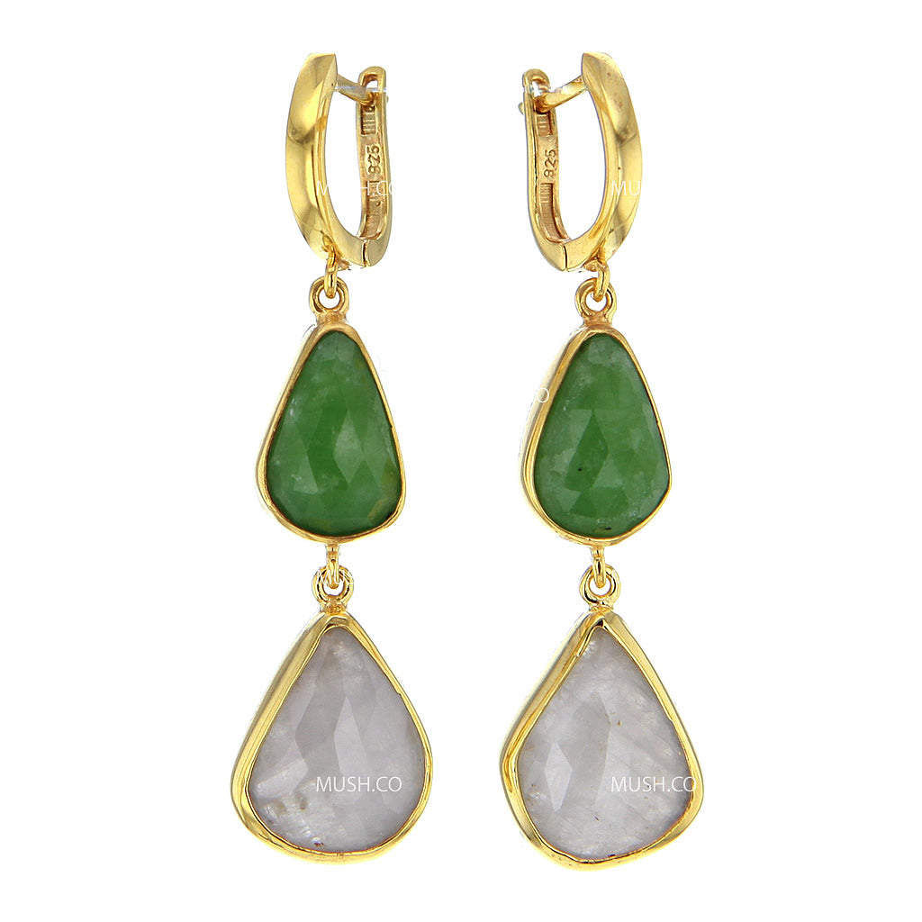 Faceted Emerald & Moonstone 2 Tier Earrings in 14K Gold Plated Sterling Silver Hollywood