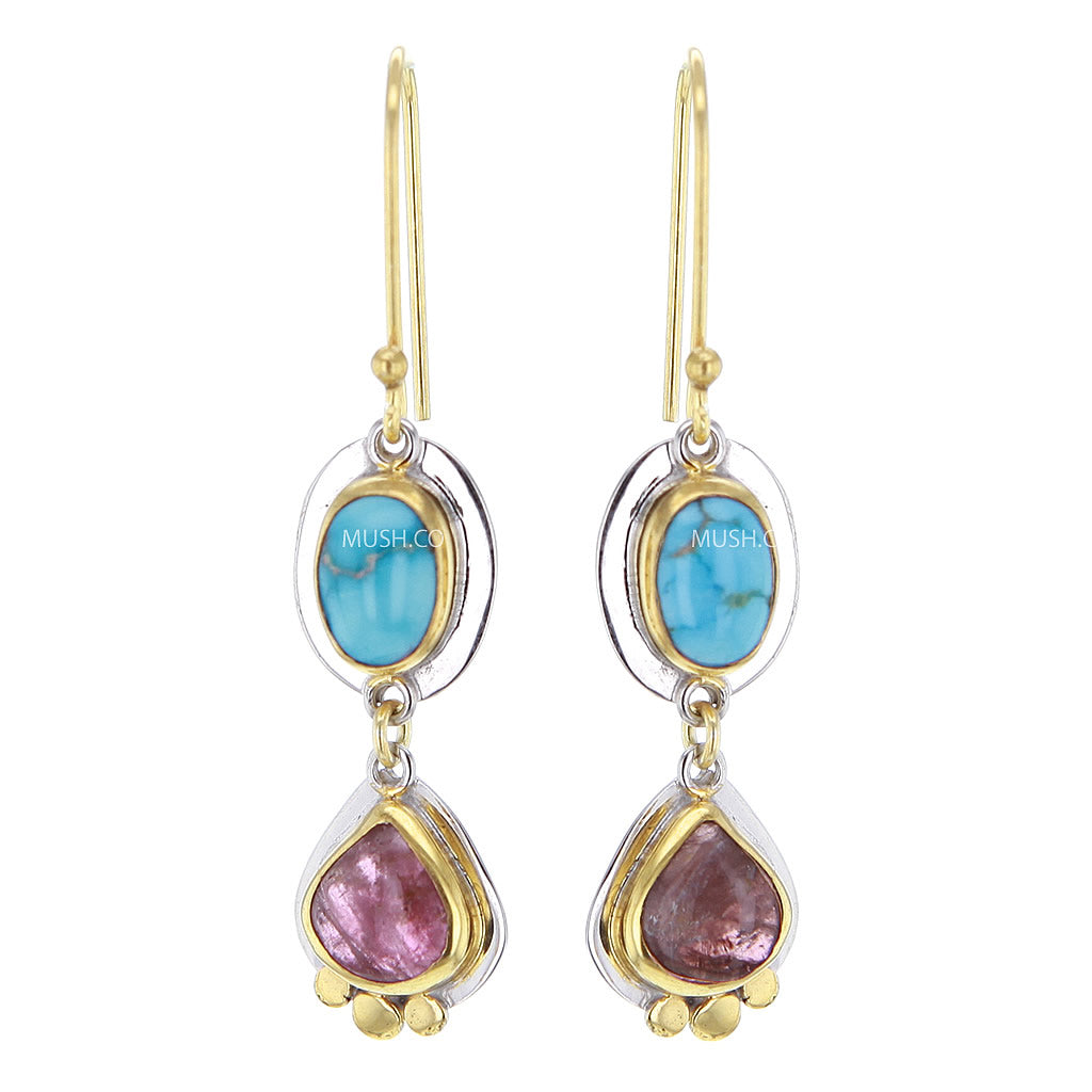 2 Tier Turquoise & Tourmaline Earrings in 14K Gold Plated Sterling Silver Hollywood