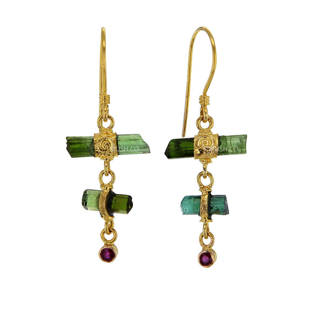 Lyra 22K Solid Gold Raw Green Tourmaline & Ruby Earrings Hollywood