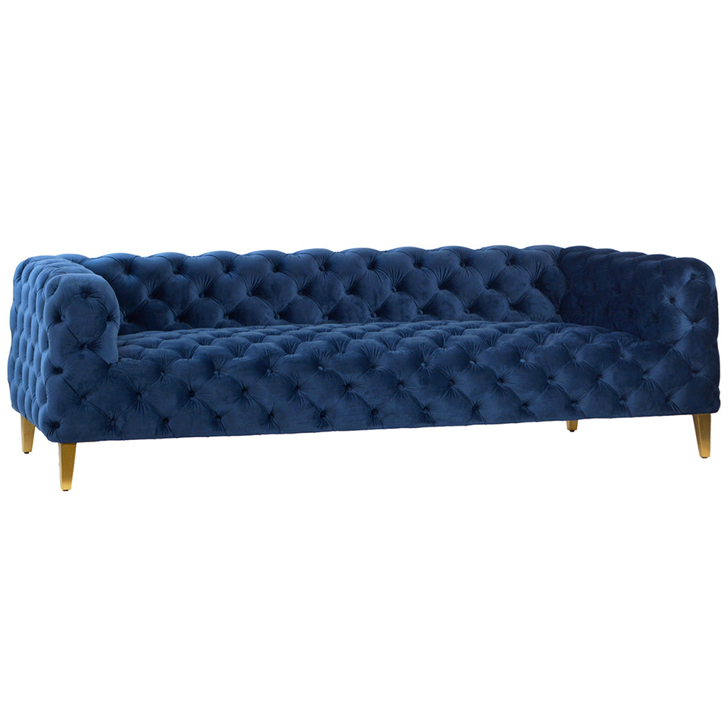 Patric Modern Low Back Tufted Sofa in Blue Poly Damask and Brass Legs Hollywood