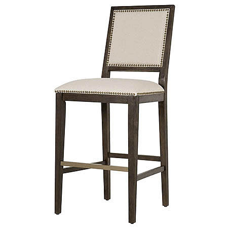 Stanley Barstool in Oatmeal Fabric Damask Rustic Java Finish and Bronze Nail Trim Hollywood