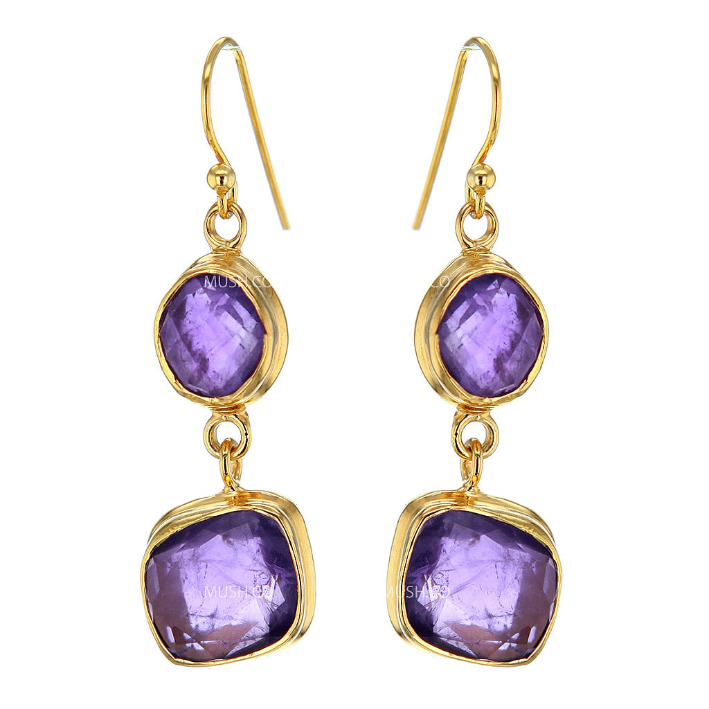 2 Tier Faceted Freeform Amethyst Crystal Earrings in 14K Gold Plated Sterling Silver Hollywood