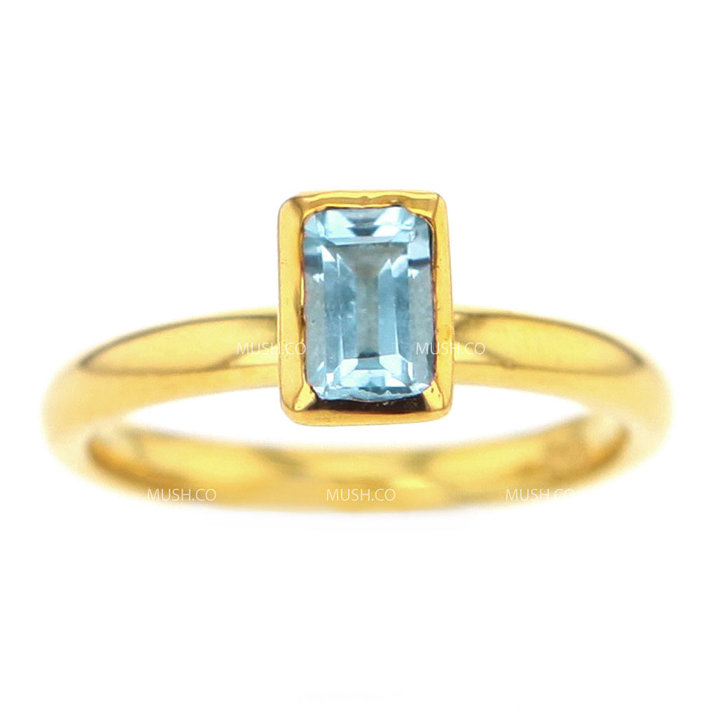 14K Gold Plated Sterling Silver Ring with Baguette Blue Topaz Crystal Size 7 Hollywood