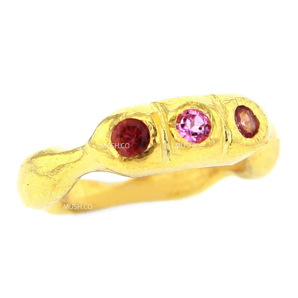 14K Gold Plated Sterling Silver Bubble Gum Ring with 3 Pink Tourmalines Size 5.5 Hollywood