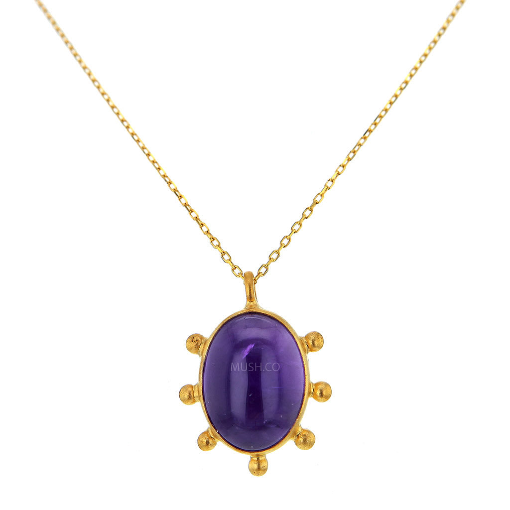 14K Brushed Gold Plate Sterling Silver and Oval Amethyst Pendant Necklace Hollywood