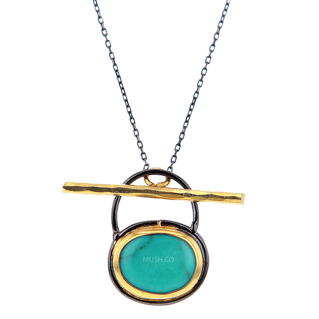 Blue Oval Turquoise Pendant Necklace in Black Rhodium and 14K Gold Plated Sterling Silver Hollywood