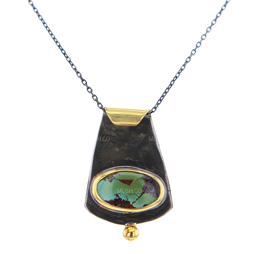 Black Rhodium & 14K Gold Plate Oval Turquoise Pendant Necklace Hollywood