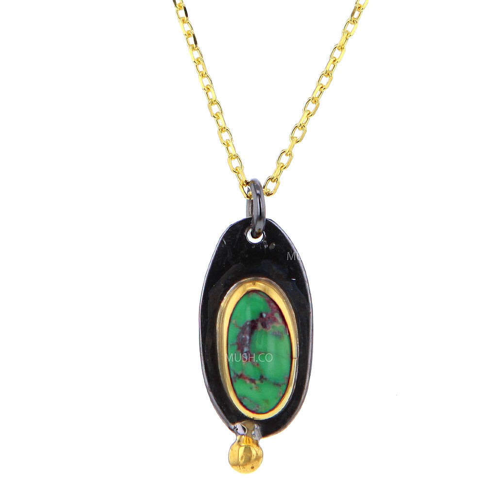Black Rhodium Plate & 14K Gold Plate Petite Oval Turquoise Pendant Necklace Hollywood