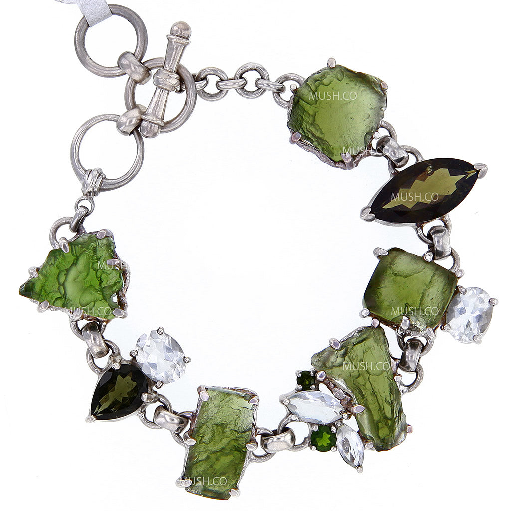 Live Edge Faceted Moldavite & White Topaz & Diopsite Link Bracelet in Sterling Silver Hollywood