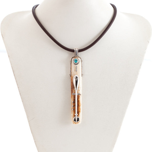 Antique Fossilized Walrus Ivory Necklace with Vintage Clarinet Key and Turquoise Hollywood