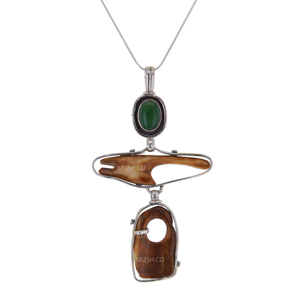 Live Edge Ancient Fossil Artifact and Alaskan Jade Pendant Necklace Hollywood