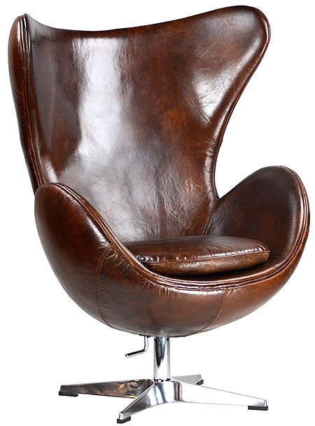 Arne Jacobson style Egg Armchair Brown Leather and Chrome Swivel Base Hollywood
