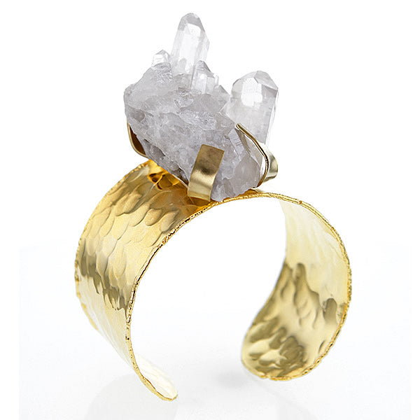 Chunky Quartz Crystal on Gold Plated Brass Cuff Bracelet - v2 Hollywood