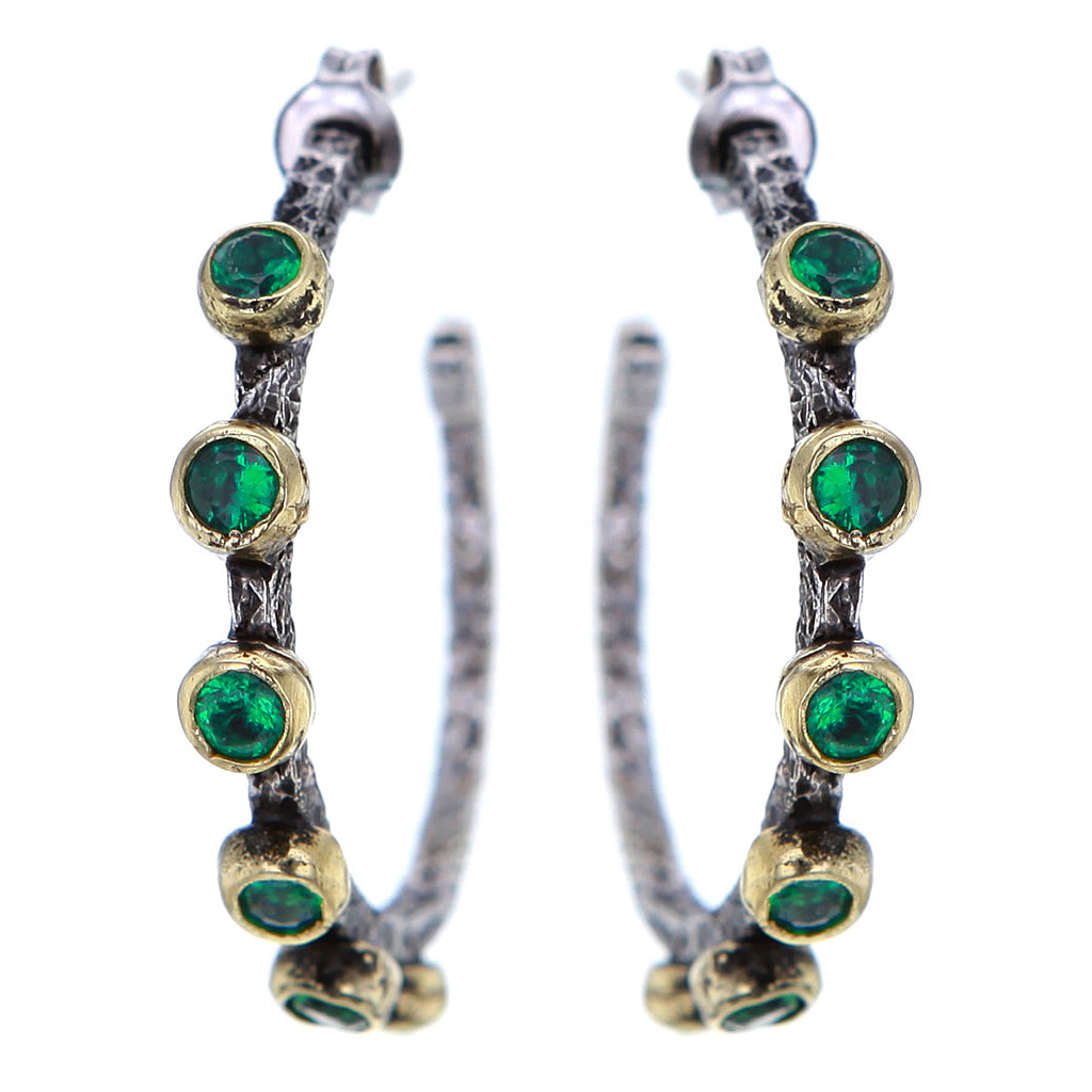 Hammered Sterling Silver Gold Plate and Green Emerald Hoops by Bora Hollywood