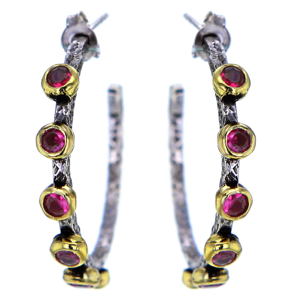Hammered Sterling Silver Gold Plate and Ruby Hoops by Bora Hollywood