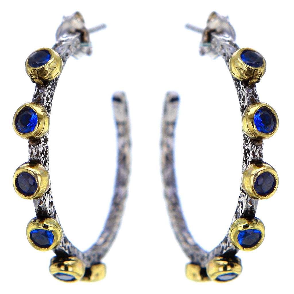 Hammered Sterling Silver Gold Plate and Blue Sapphire Hoops by Bora Hollywood