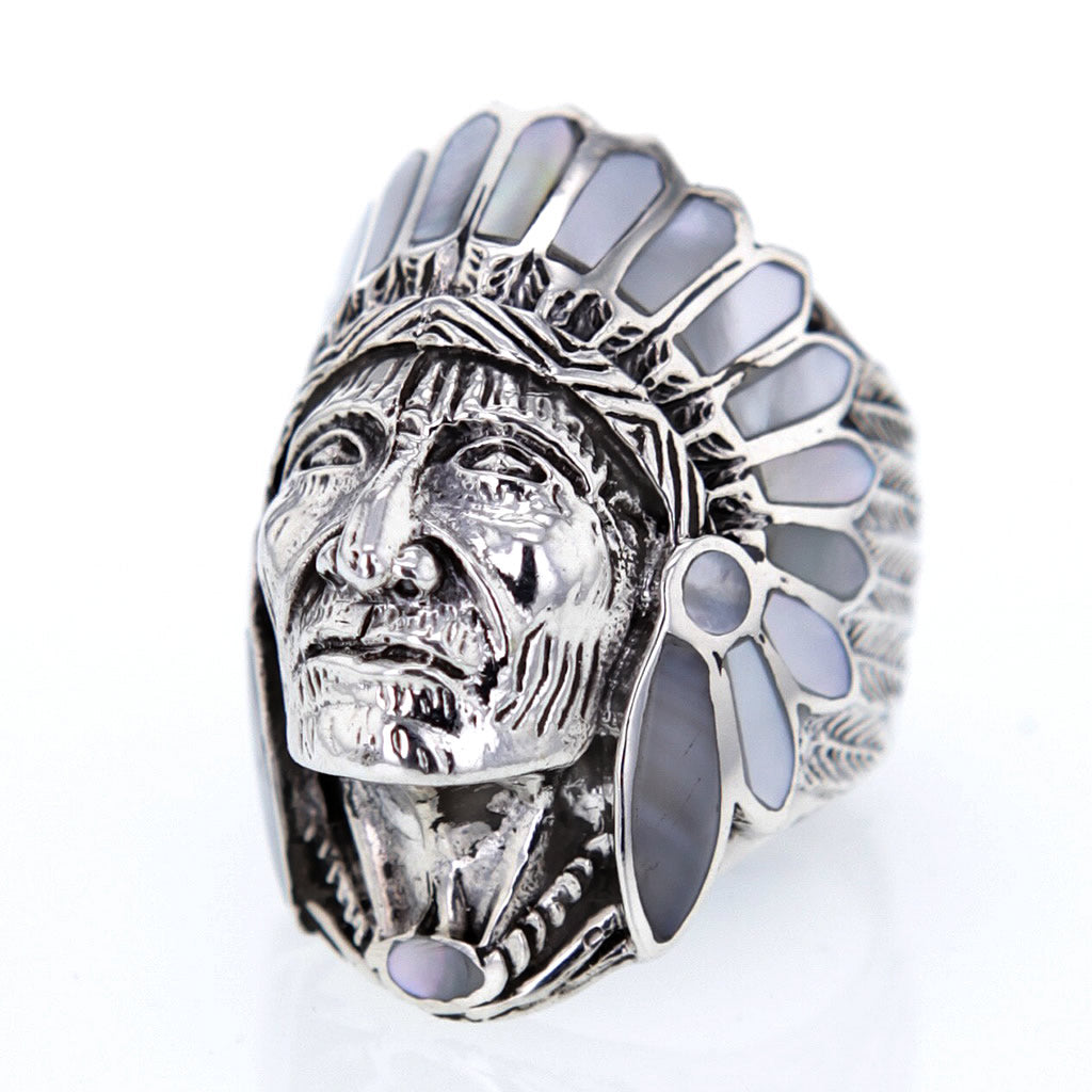Long Native American Indian Chief Head Sterling Silver Ring in Turquoise and Red Coral Headdress Hollywood