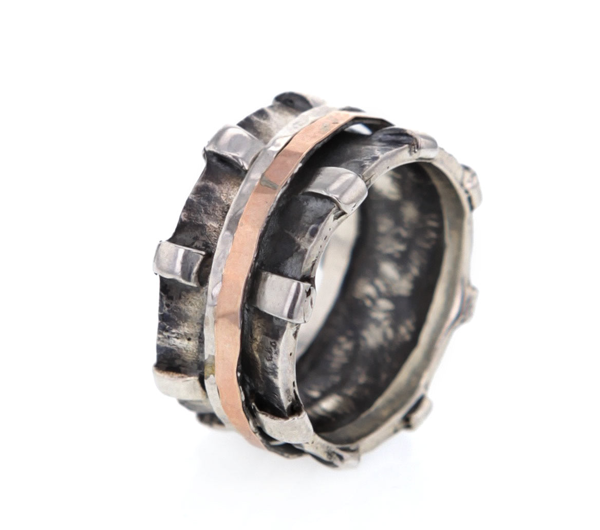 Royal Gregor Patinated Sterling Silver and 14K Gold Plate Two Element Spinner Ring Hollywood