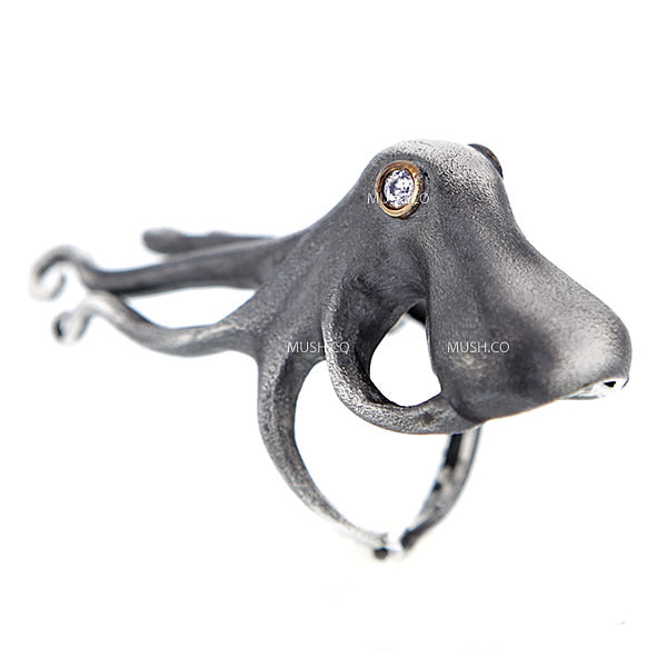 Oxidized Sterling Silver Octopus Ring with Bronze & CZ by Bora Hollywood