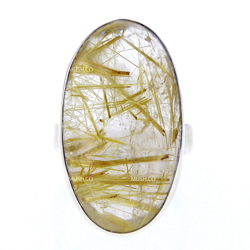 Oval Shaped Gold Rutile Quartz Ring Set in Sterling Silver Sz 7 Hollywood