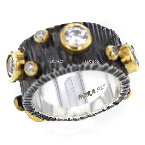 Dewdrop Oxidized Sterling Silver Ripple Texture Band with Gold Plate CZ Studs Hollywood