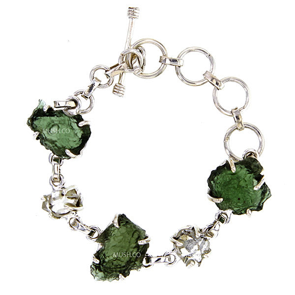 Raw Moldavite & Herkimer Diamond Bracelet Set in Sterling Silver Hollywood