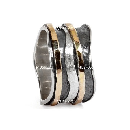 Free Flow Sterling Silver and 9Kt Gold Plate Ring with 3 Spinning Bands Hollywood
