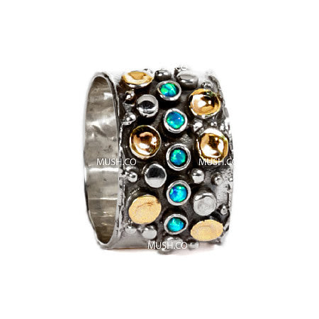 Studded Sterling Silver and 9Kt Gold Plate Barrel Ring with an Infinity Middle Row of Inset Opal Hollywood