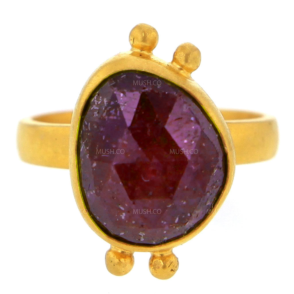 14K Brushed Gold Plated Sterling Silver Ring with Raw Faceted Ruby Size 6 Hollywood