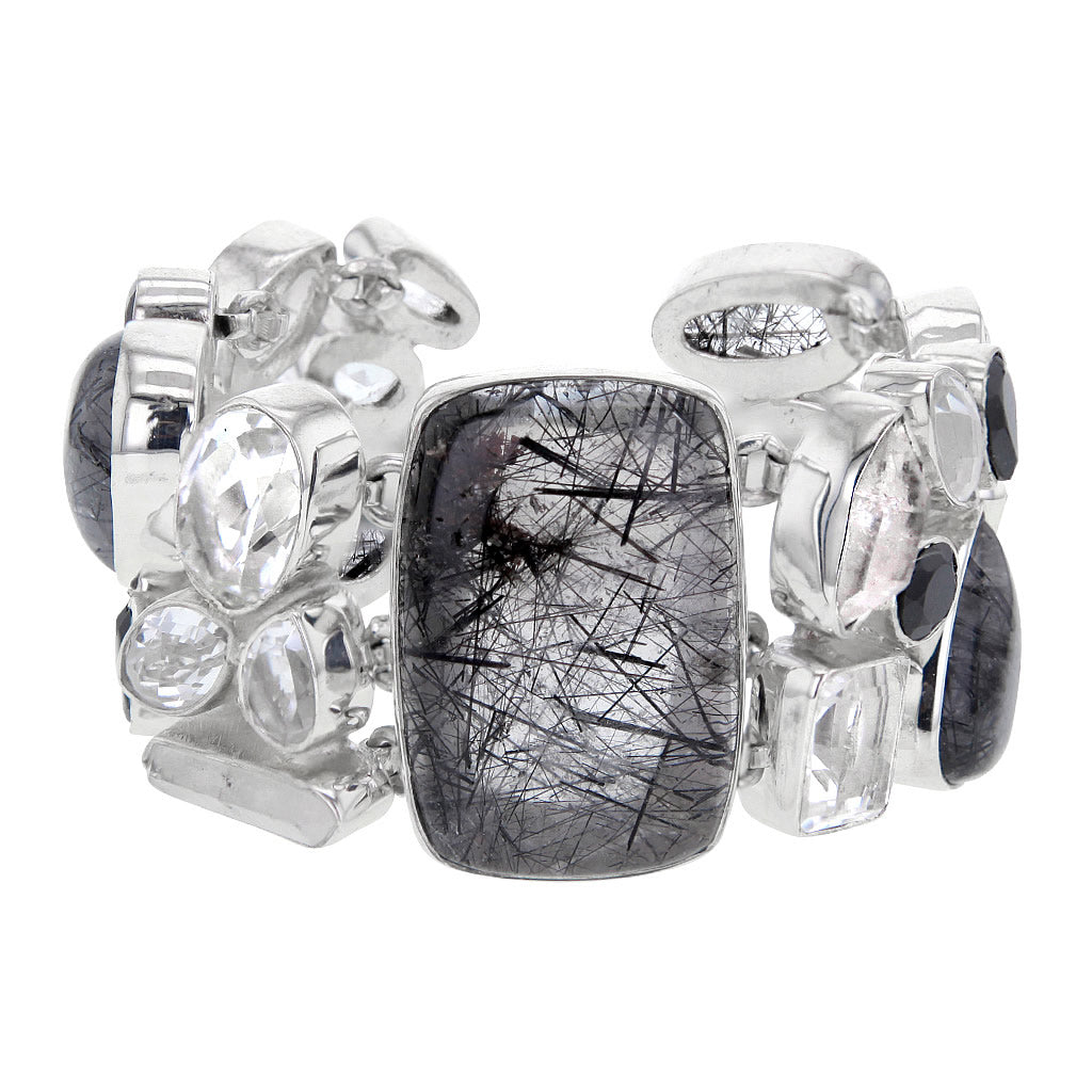 Rutile Quartz Obsidian & Herkimer Diamond Sterling Silver Cuff Link Bracelet Hollywood