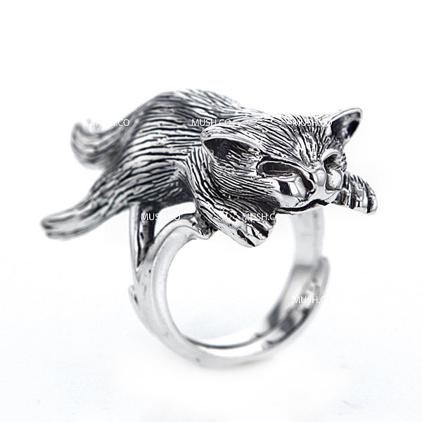 Sleeping Cat Sculpted Sterling Silver Adjustable Ring Hollywood