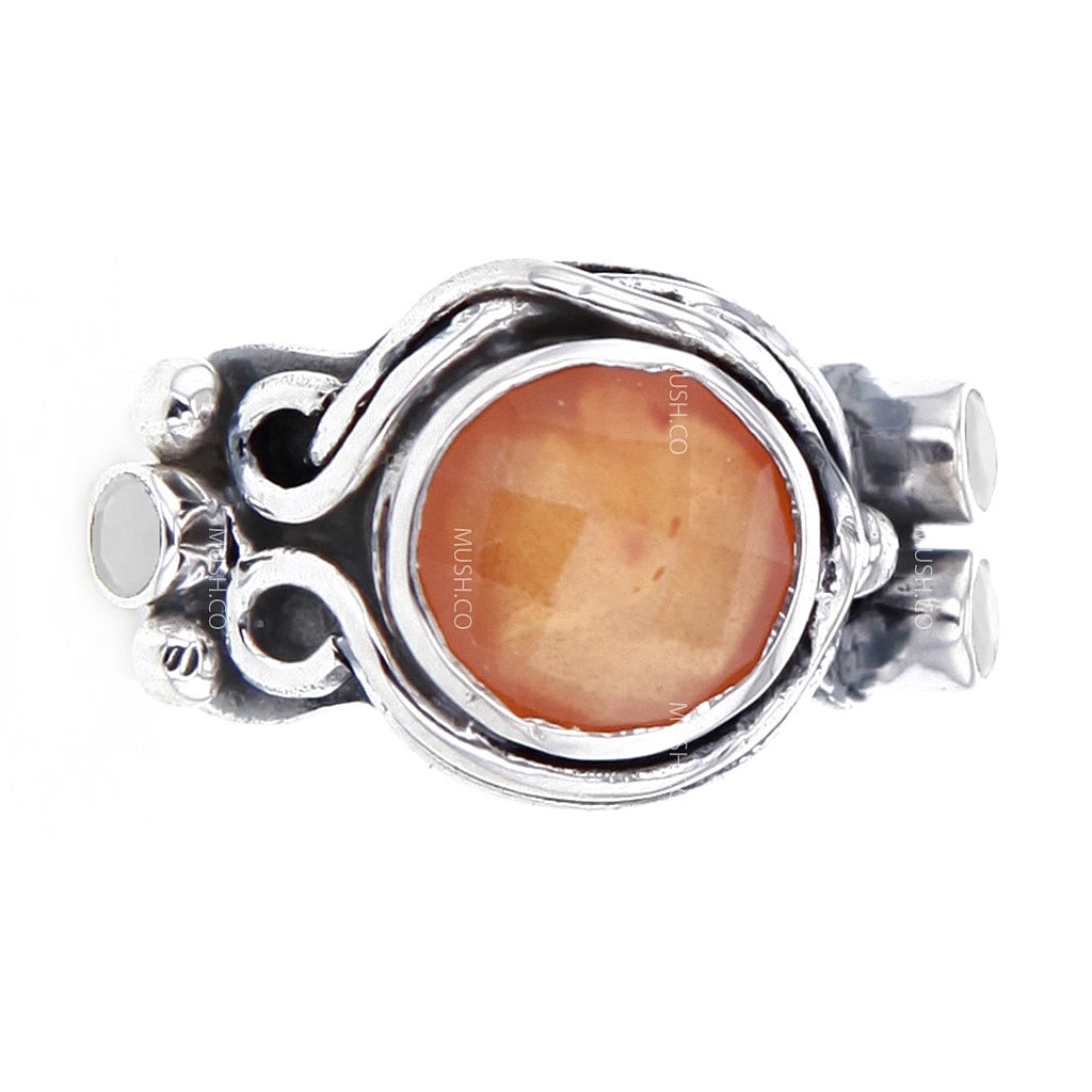 Faceted Round Carnelian Sterling Silver Ring with 3 Moonstone Satellites Size 7 Hollywood