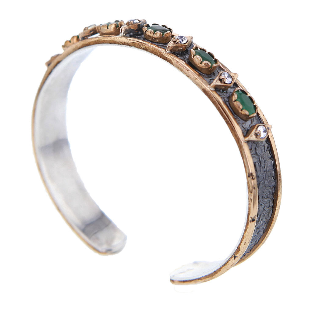 Green Emerald in Hammered Oxidized & Gold Plated Sterling Silver Bracelet by Bora Hollywood