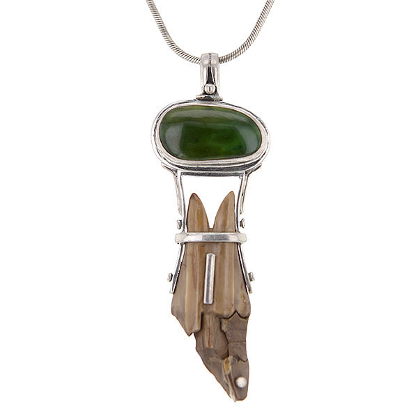 Artisan Sterling Silver Mammoth Fossil & Alaskan Jade Pendant Necklace Hollywood