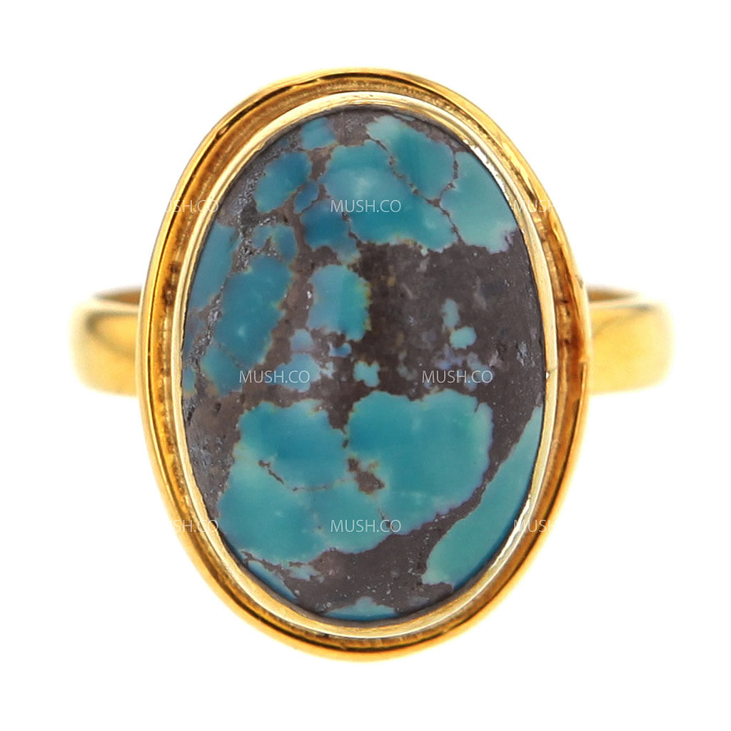 14K Gold Plated Sterling Silver Ring with Oval Turquoise Size 7.5 Hollywood