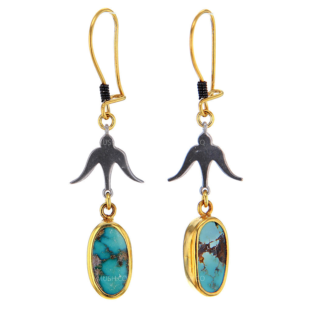 Birdman Rhodium & 14K Gold Plated Turquoise Earrings with Bird Element Hollywood