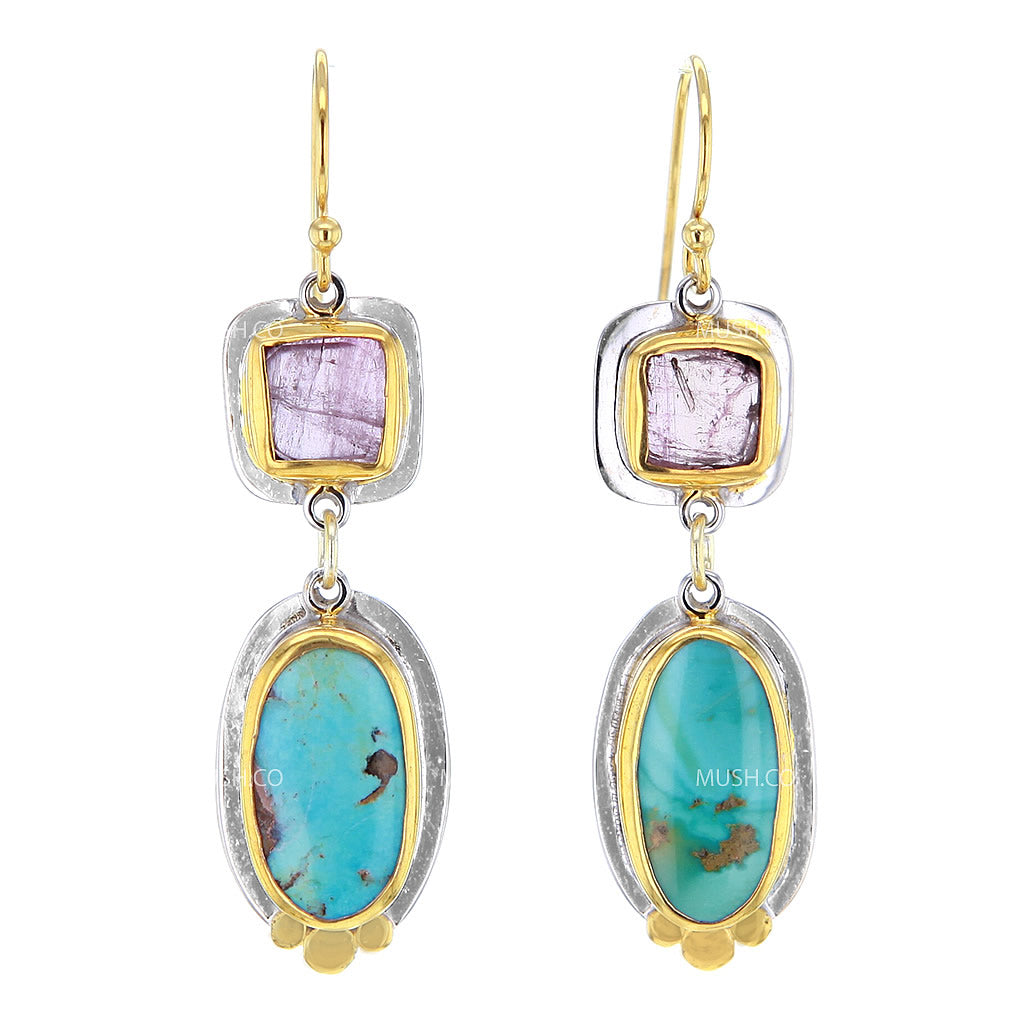 2 Tier Pink Tourmaline and Royston Turquoise Earrings in 14K Gold Plated Sterling Silver Hollywood