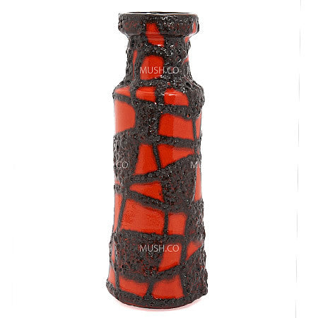 Vintage Spiderweb Pattern Mid-Century Modern Black and Red Lava Glaze Vase by Scheurich Hollywood