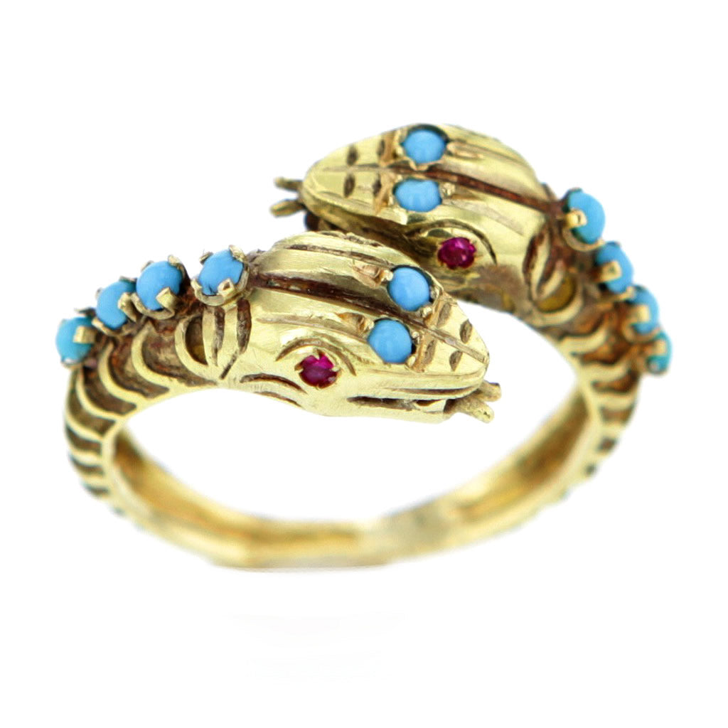Vintage 1930s 22K Gold Snake Ring with Turquoise and Rubies Size 8 Hollywood