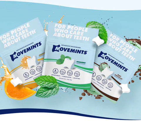 An image of 3 Movemints packets, chewable aligner mints with many benefits.