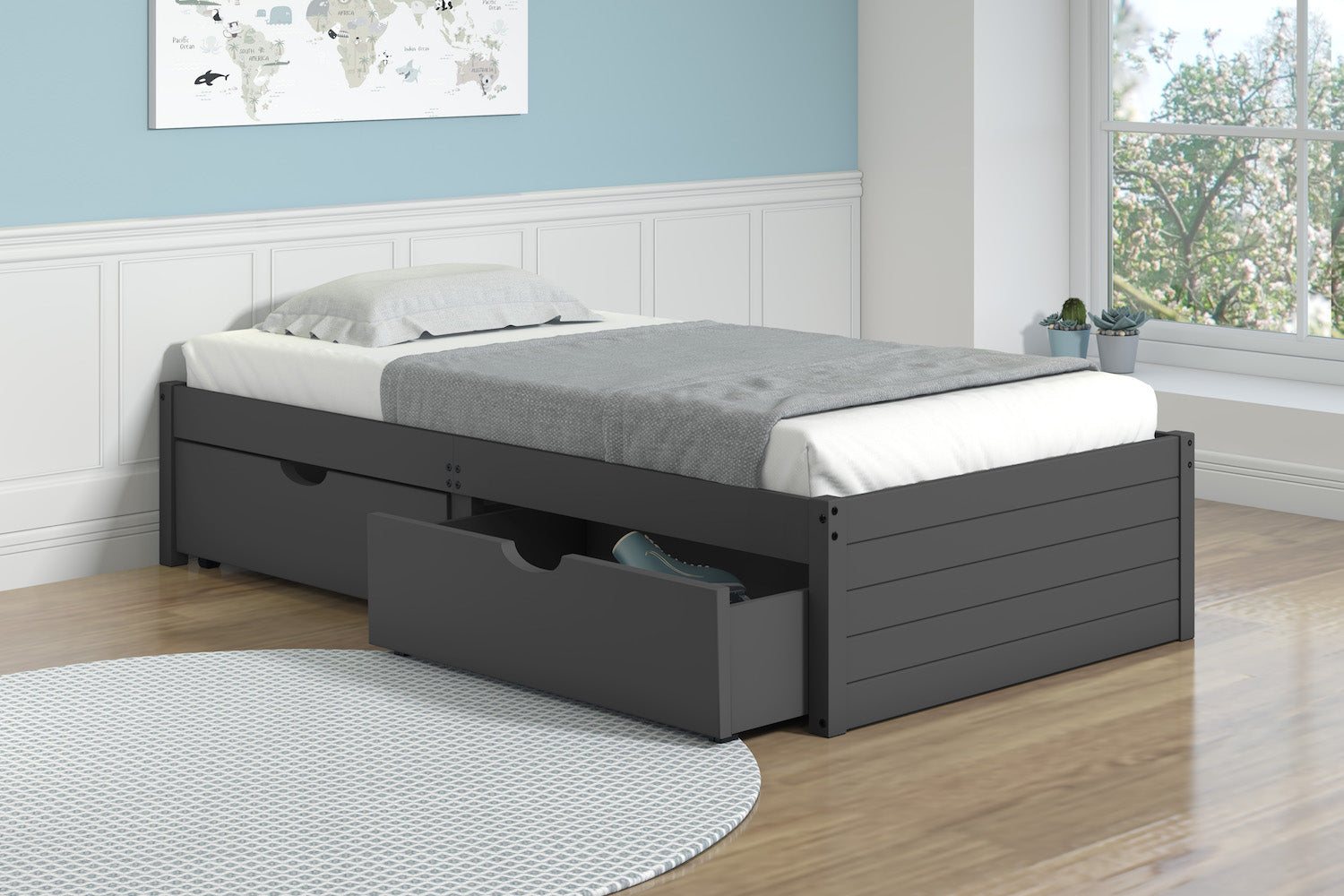 twin bed with dresser underneath