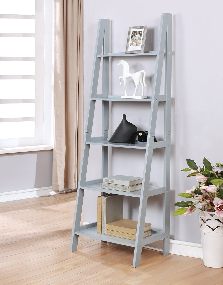 grey leaning bookcase