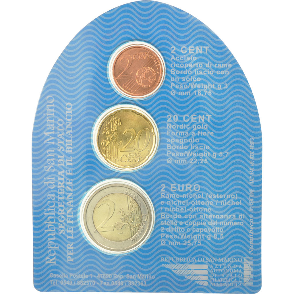 [#507260] San Marino, Set, 2 cents, 20 cents, 2 euro, 2005, St. Francis' Gate